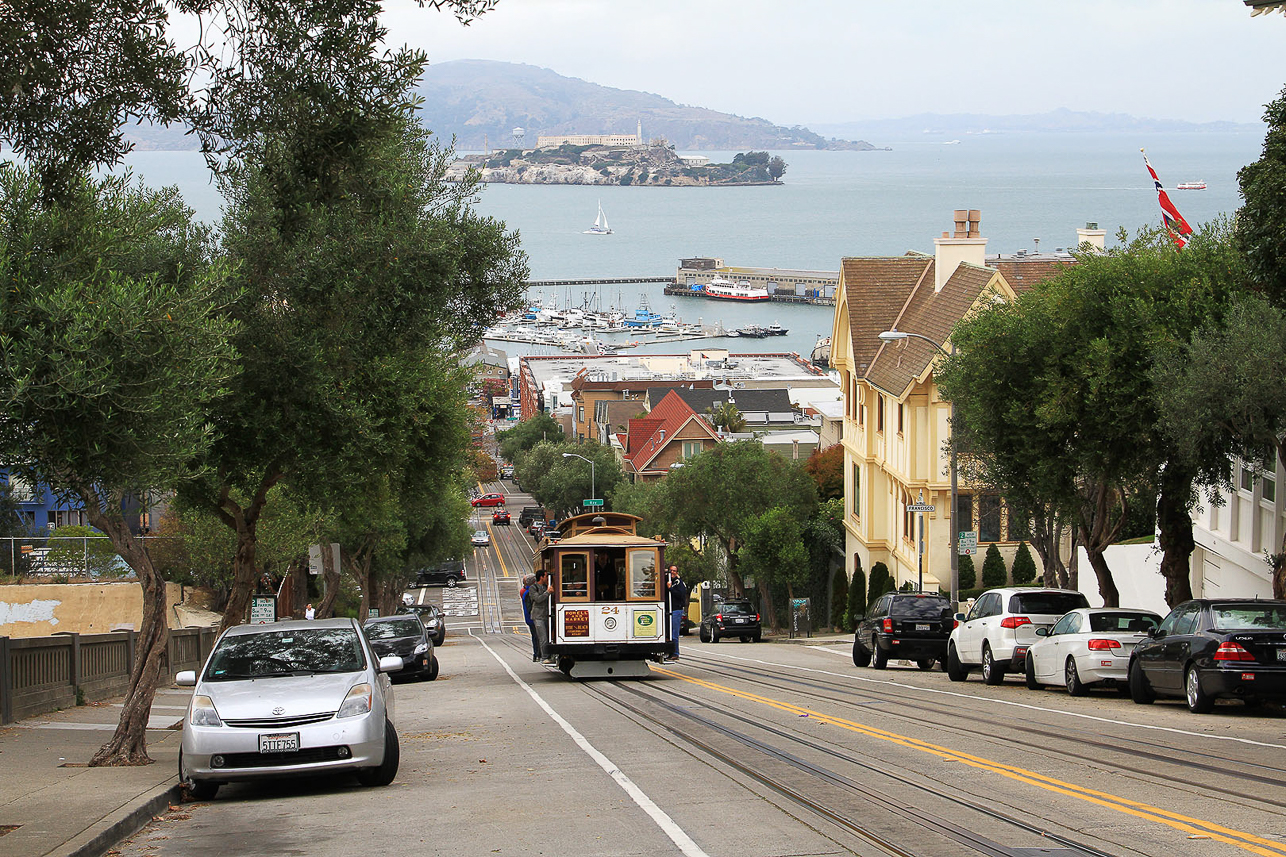 San Francisco hills and cable car, Alcatraz in the background