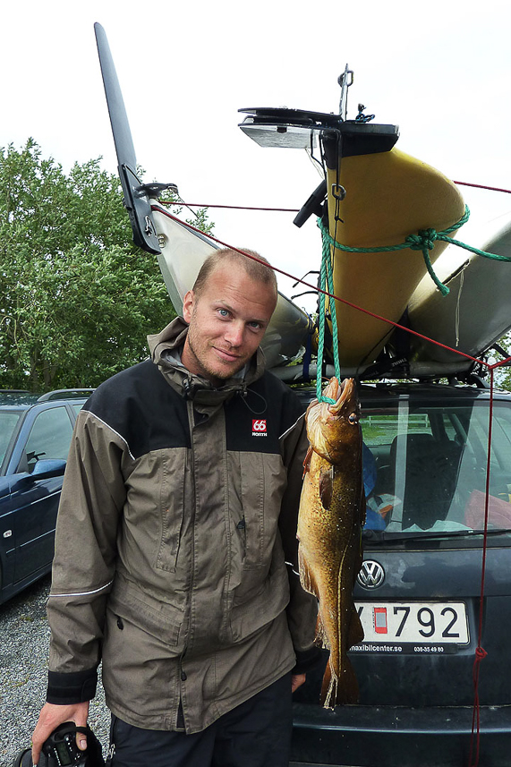 Olof fångat en stor torsk från land