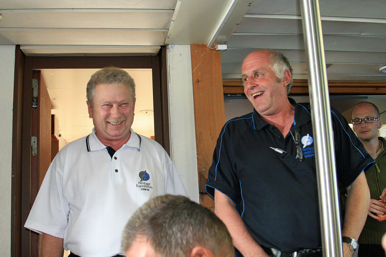 Our captain Dimitri Zinchenko, three decades in Antarctica, and our expedition leader Rodney Russ (founder of Heritage Expeditions and previously NZ Wildlife Service)