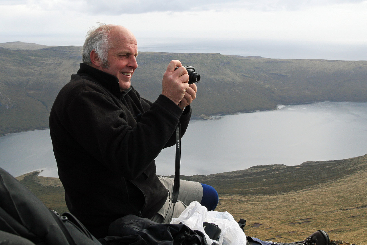 Rodney Russ, the expedition leader and NZ subantarctic expert, on top of Mt Honey (569 m), Campbell Island