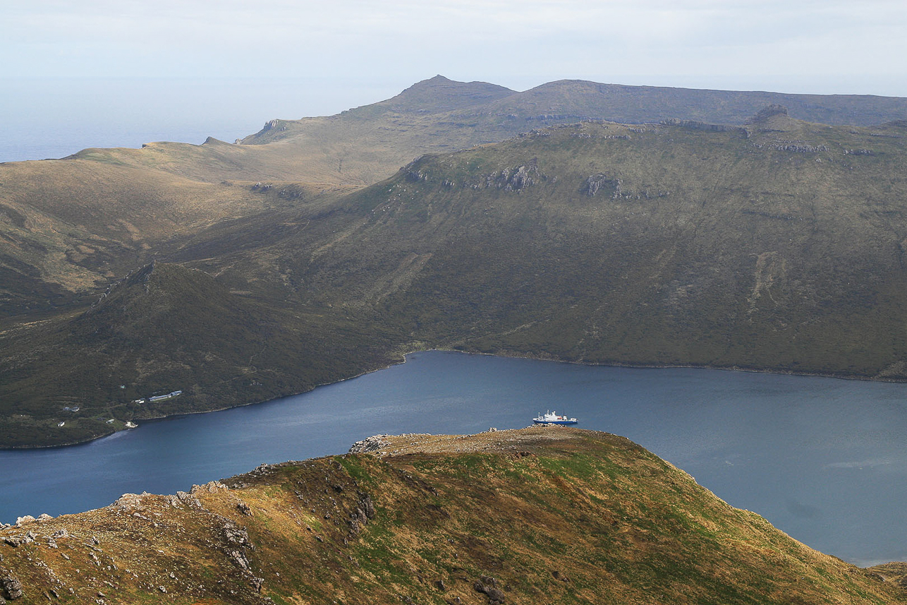 Perseverance Harbour and Campbell Island from Mt Honey (569 m)