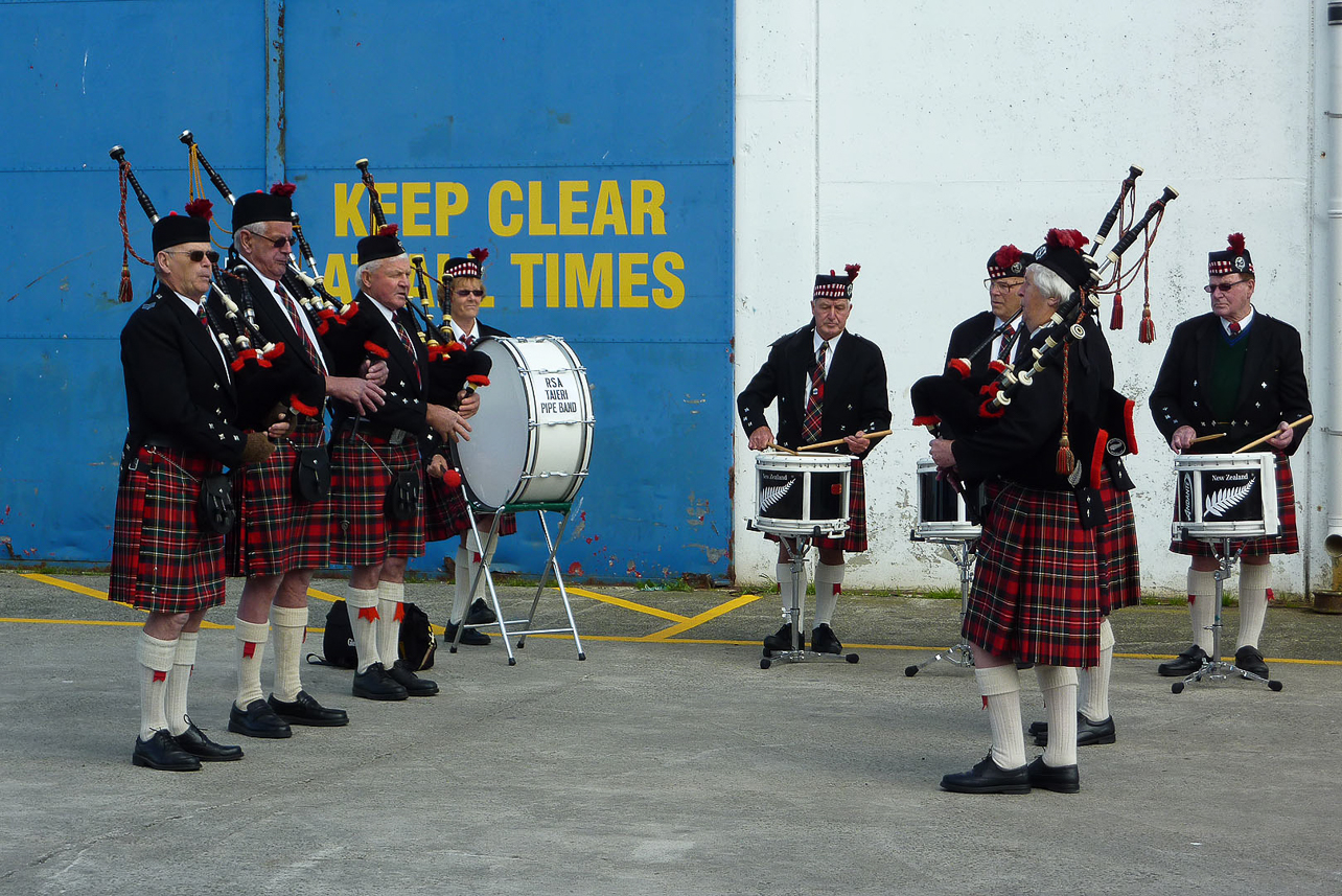 Bag pipers from the (former ?) RSA Taieri Pipe Band, founded 1908, saluting our departure