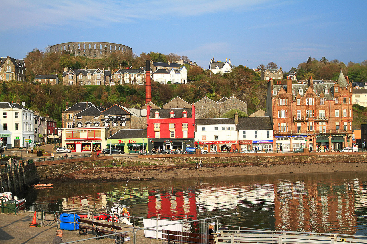 Oban harbour, with the Colosseum (McGaig's Tower) at the top