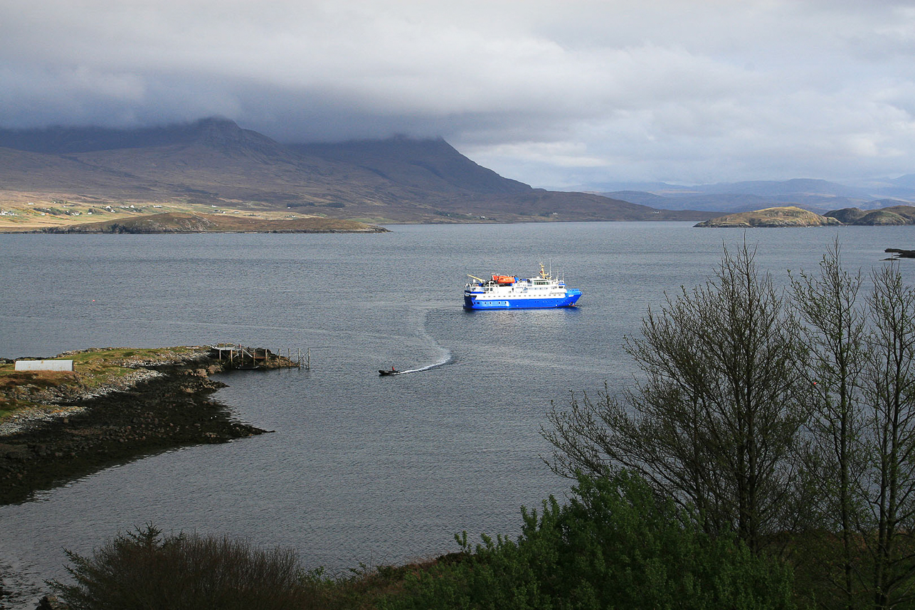 Our ship at Tanera Mòr, with the mountains on the main land in the back