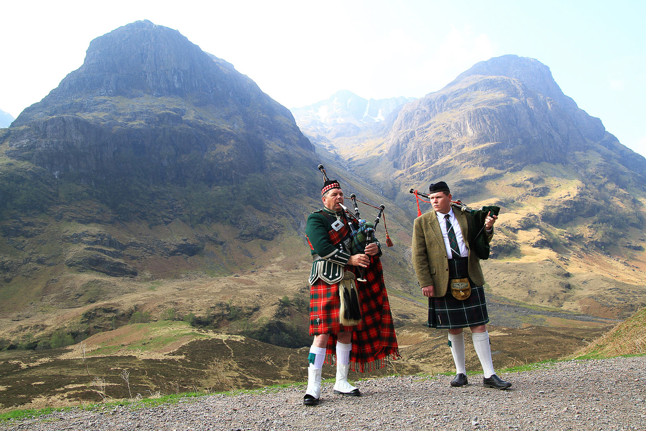 Glen Coe with the Three Sisters. Tourist trap with nice bag pipe music.