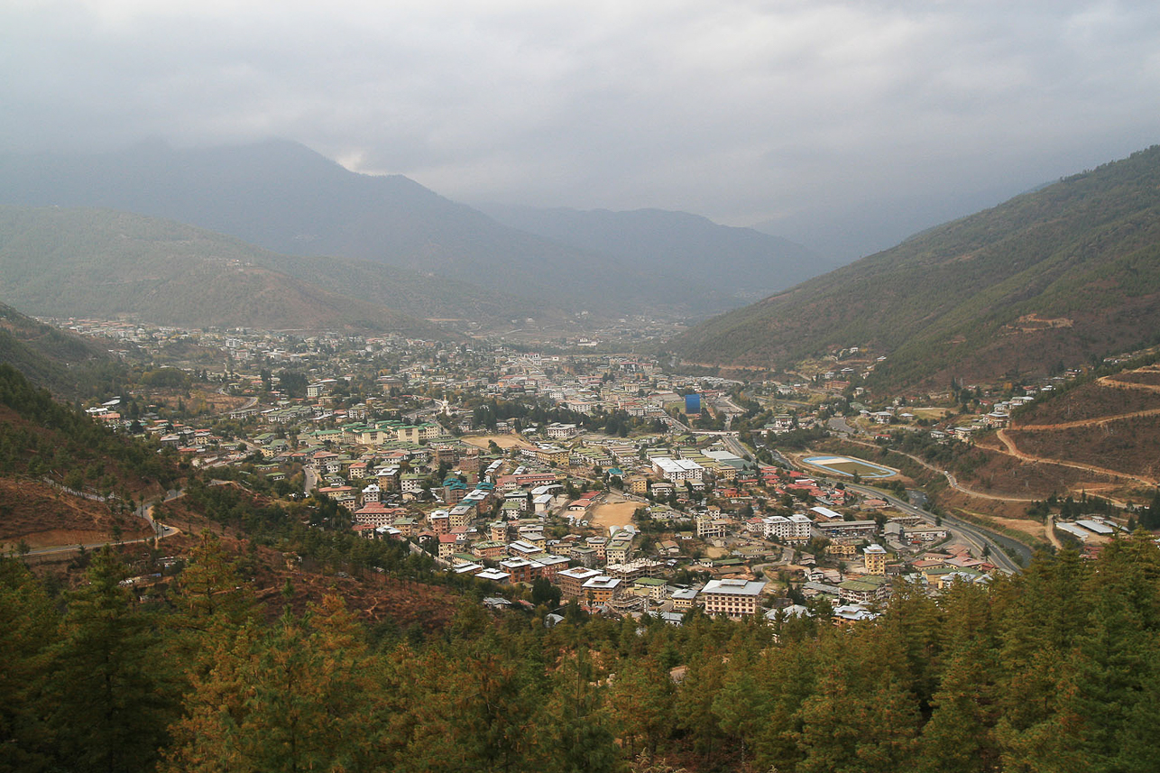 View of Thimpu (90 000 inhabitants), capital of Bhutan (around 700 000 inhabitants).