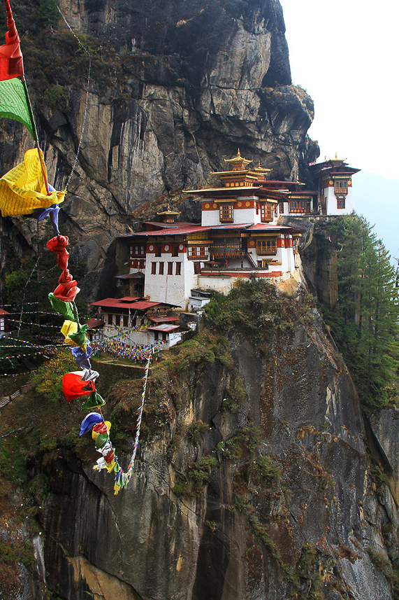 Tiger's Nest monastery (Paro Taktsang), "hanging" on the cliffs on 3000 m height. Built in 1692 (origins from 8th century).