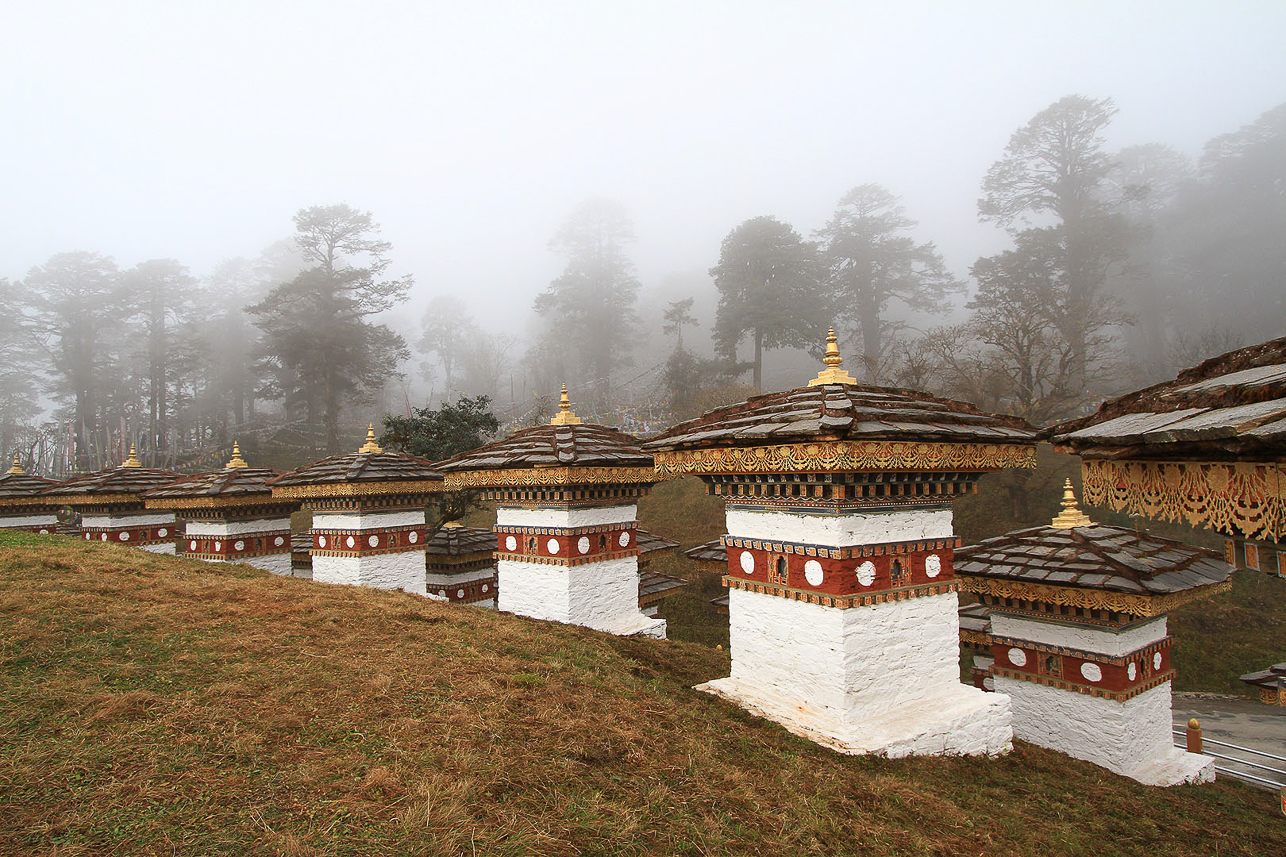 Dochula Pass with stupas.