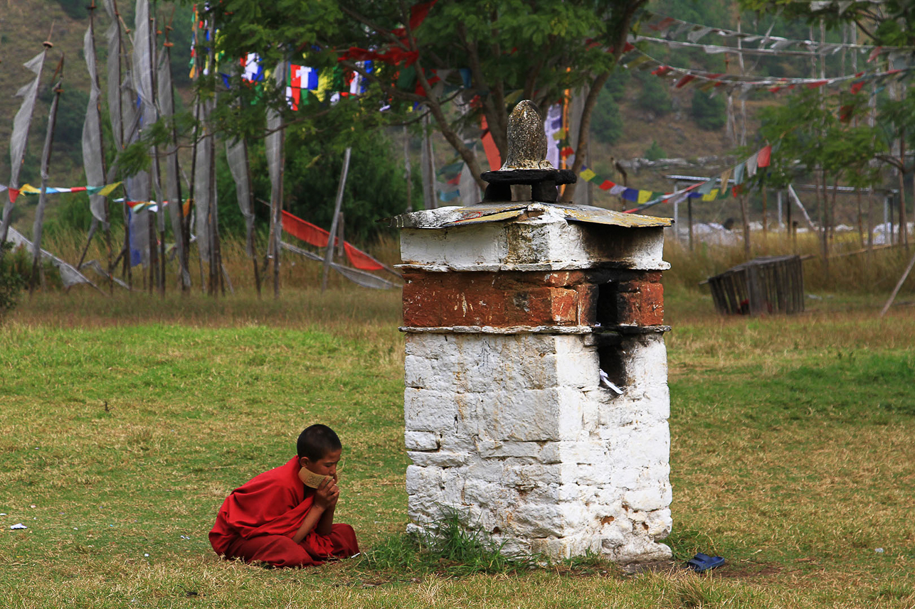 Divine Madman (Drukpa Kunley) monastery, with young boys praying (having to spend their life there).