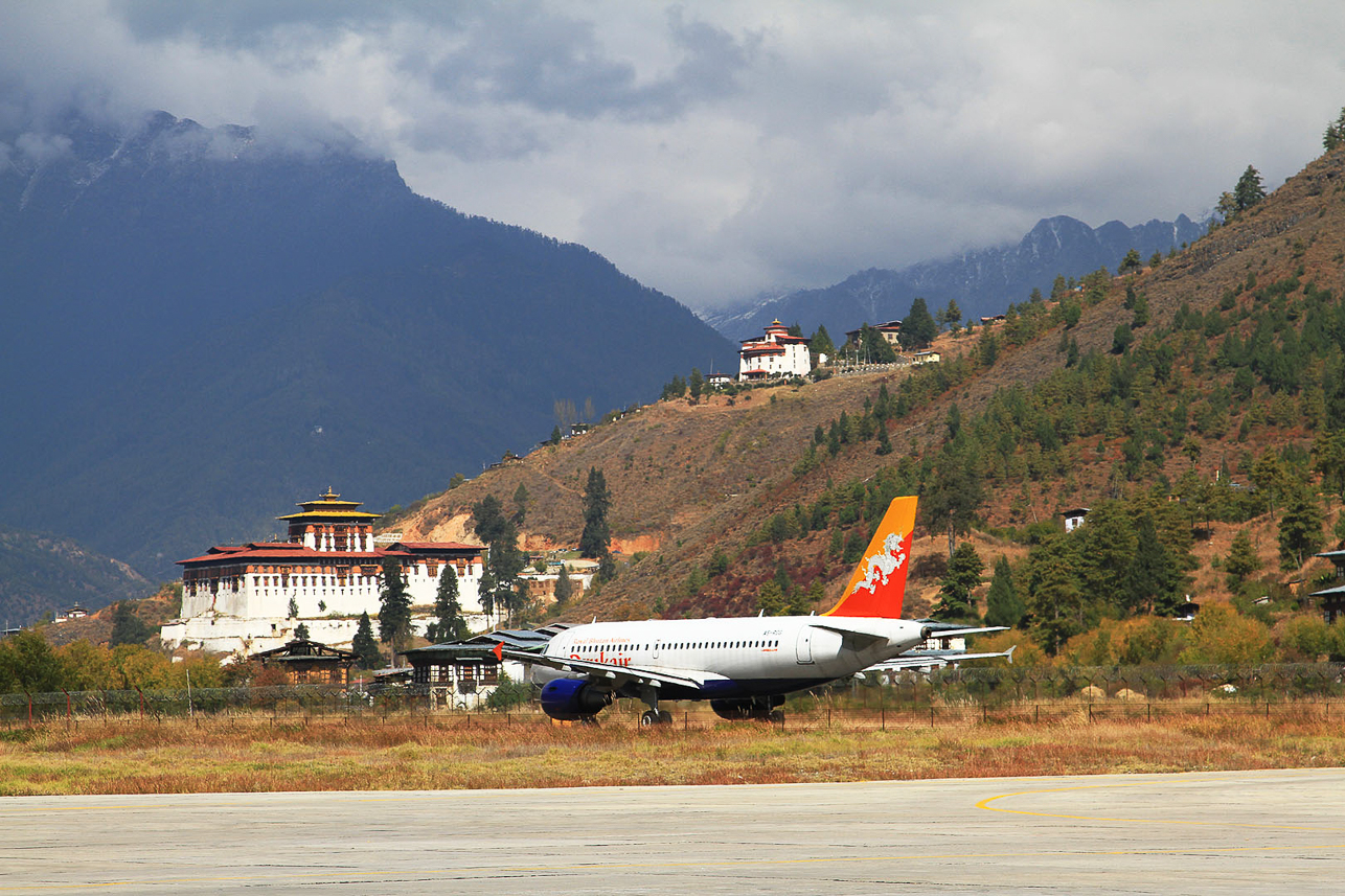 Airplane at Paro airport. Slalom between the mountains is neccessary, and only Druk Air is allowed to fly here.