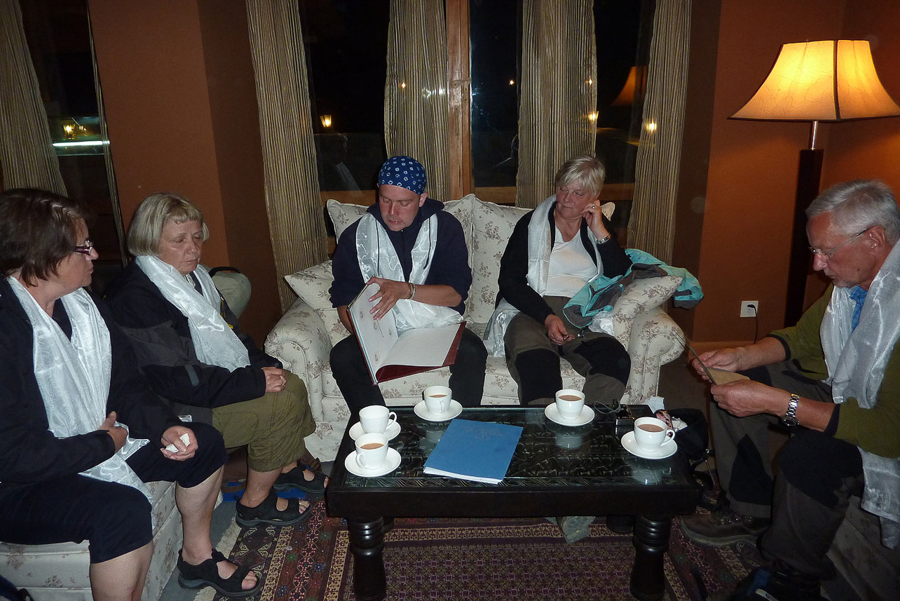 A cup of tea in the hotel. They offered luxury hotels for the few tourists allowed to visit Bhutan.