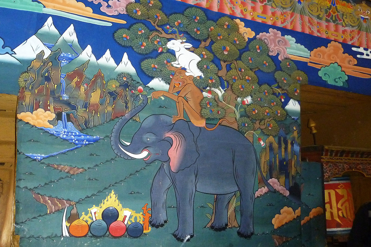 Four harmonious friends (elephant, monkey, rabbit and bird ?), traditional Buddhst painting.