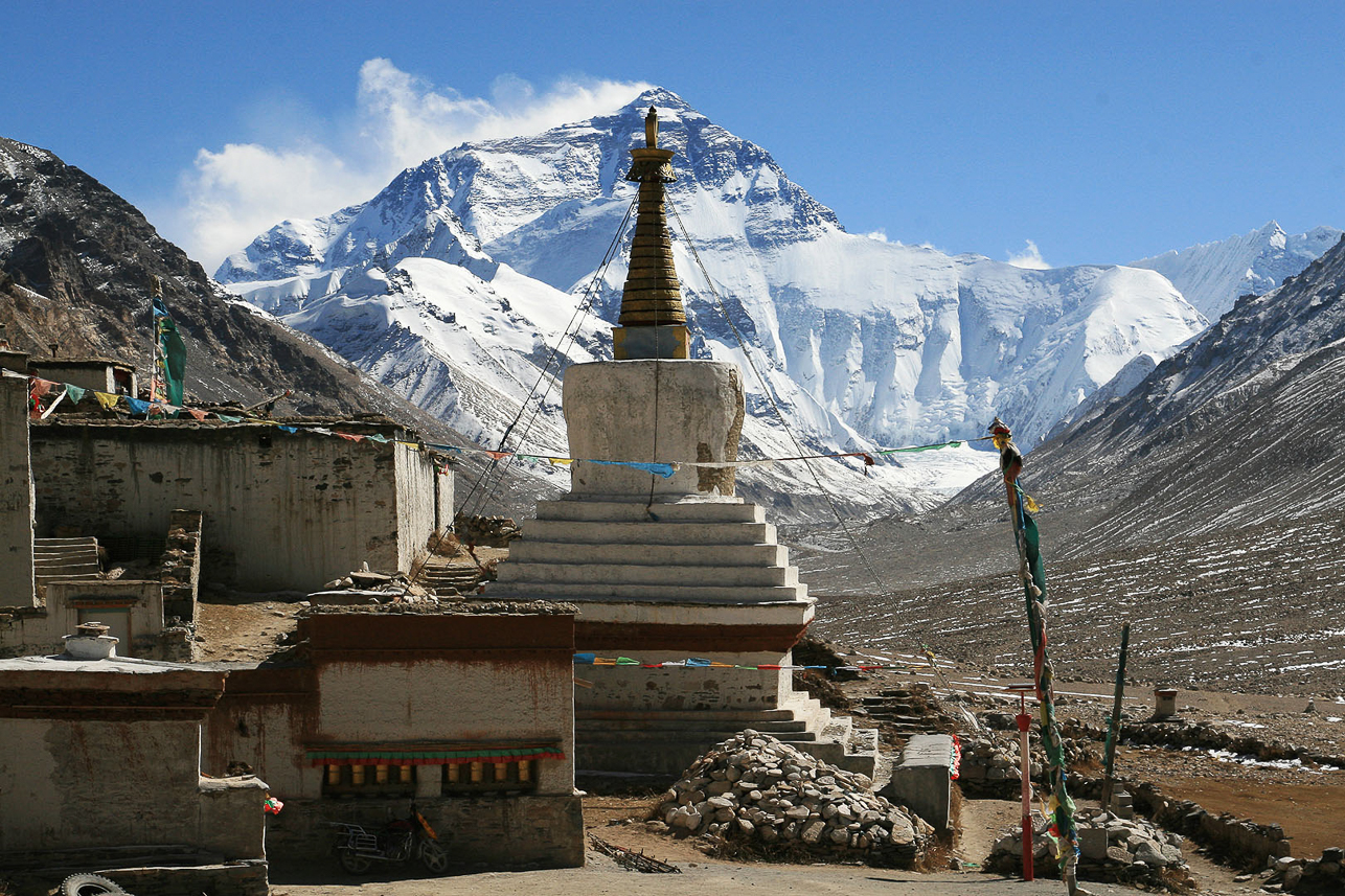 Two peaks, Mt Everest and Rongbuk monastery.