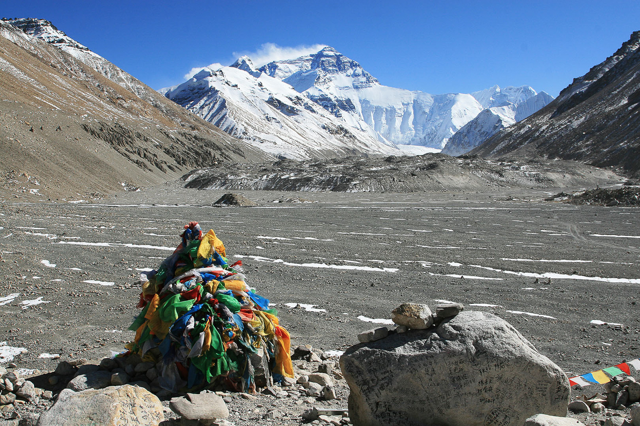 Collected prayer flags in front of Everest.