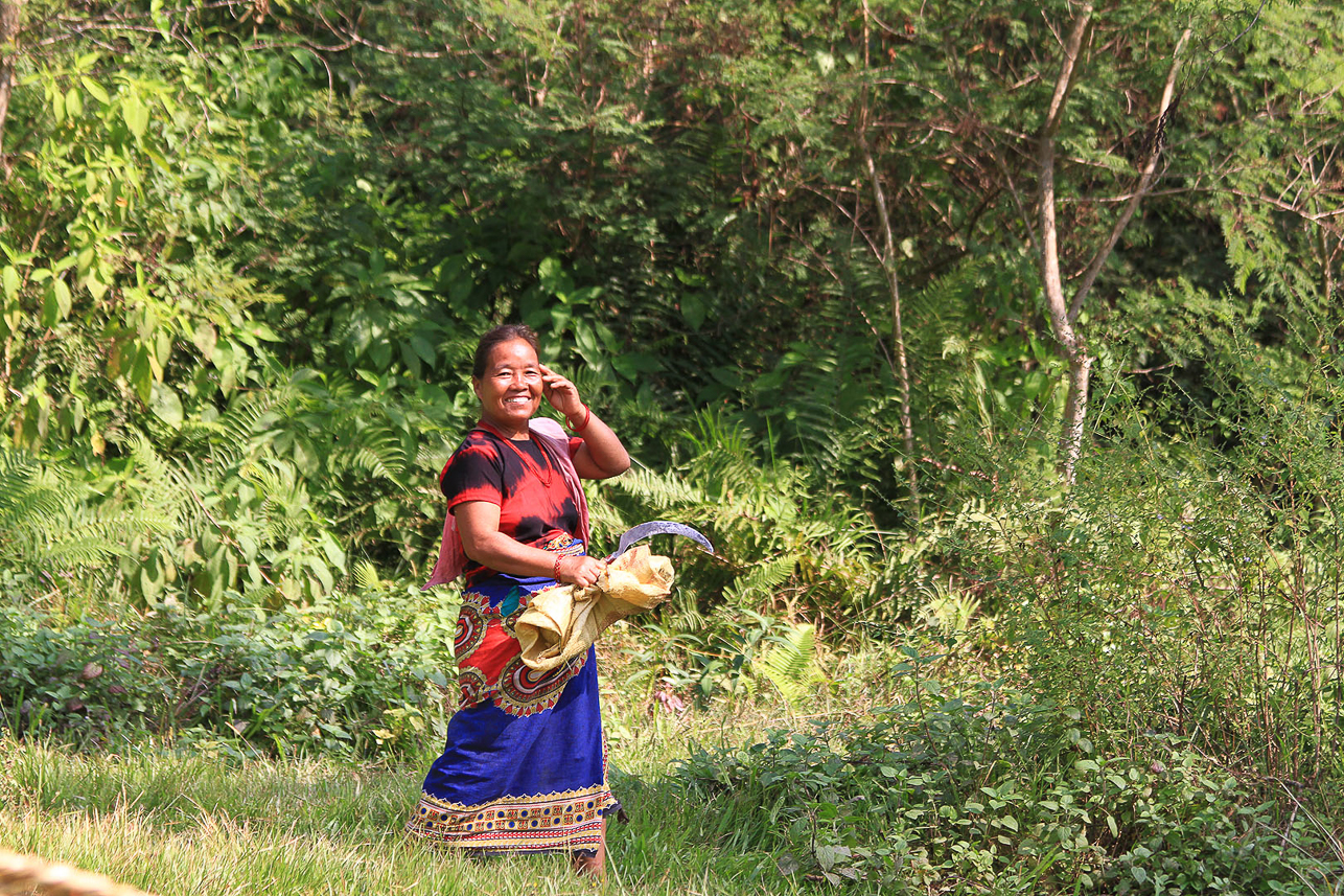 Woman cutting grass.