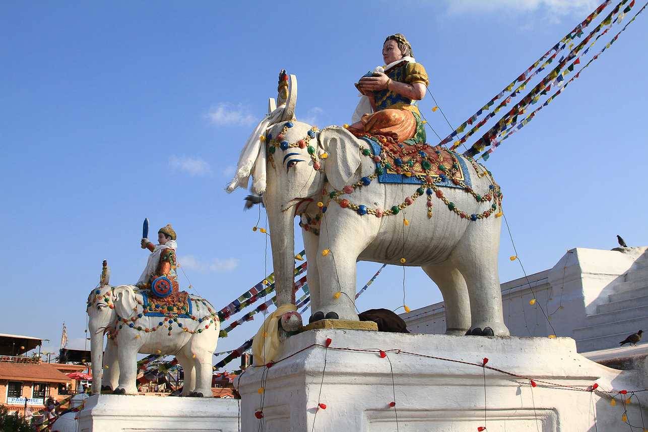 Boudhanath stupa, elephant statues.