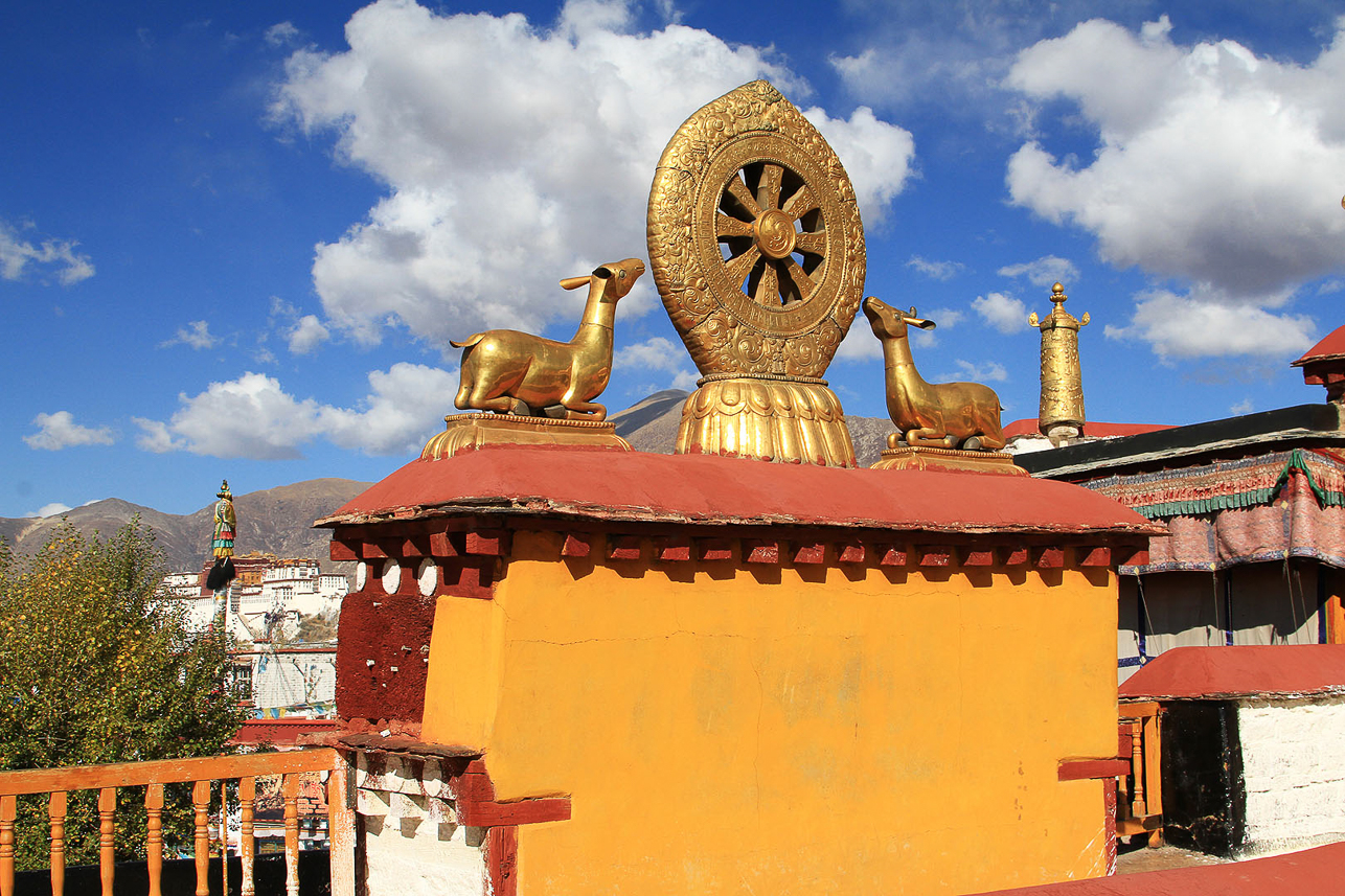 The Dharma wheel and deer (classical Buddhism symbols) on top of Johkang temple. Johkang temple is the most important temple for many Tibetans, and originates from the 7th century.