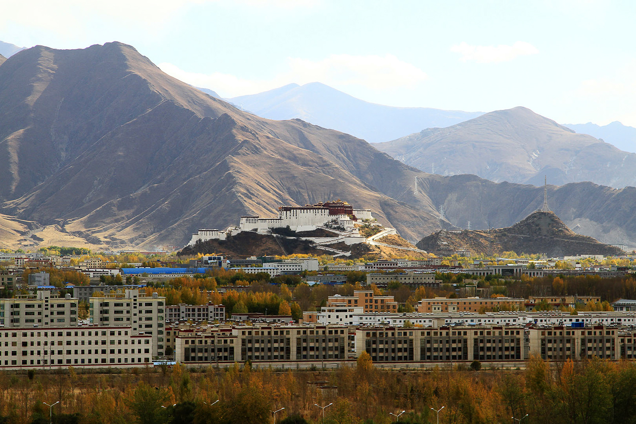 View from Sera over new houses in Lhasa and Potala at the back.