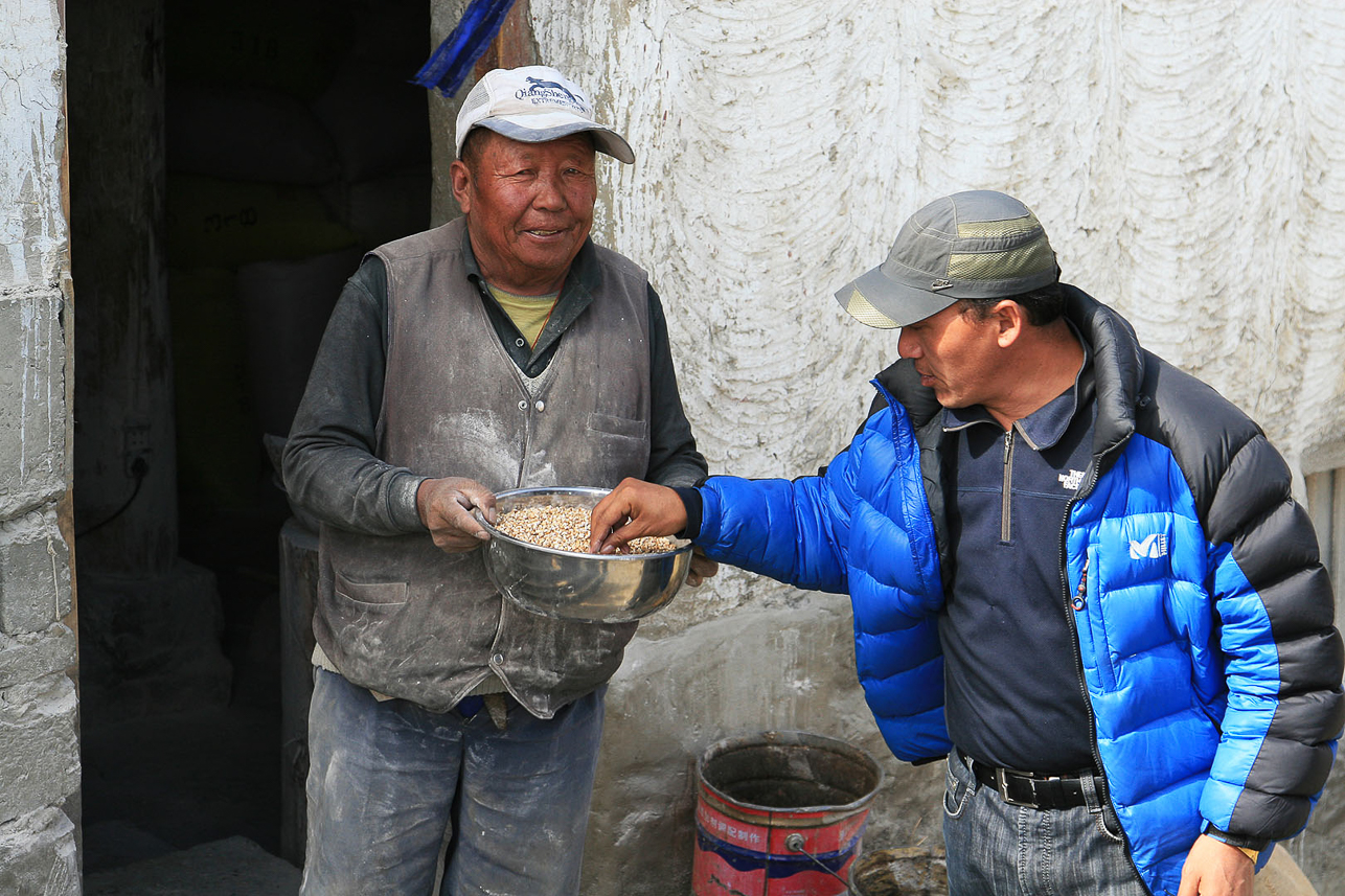 Tasting tsampa (flour from roasted barley) outside Gyantse.