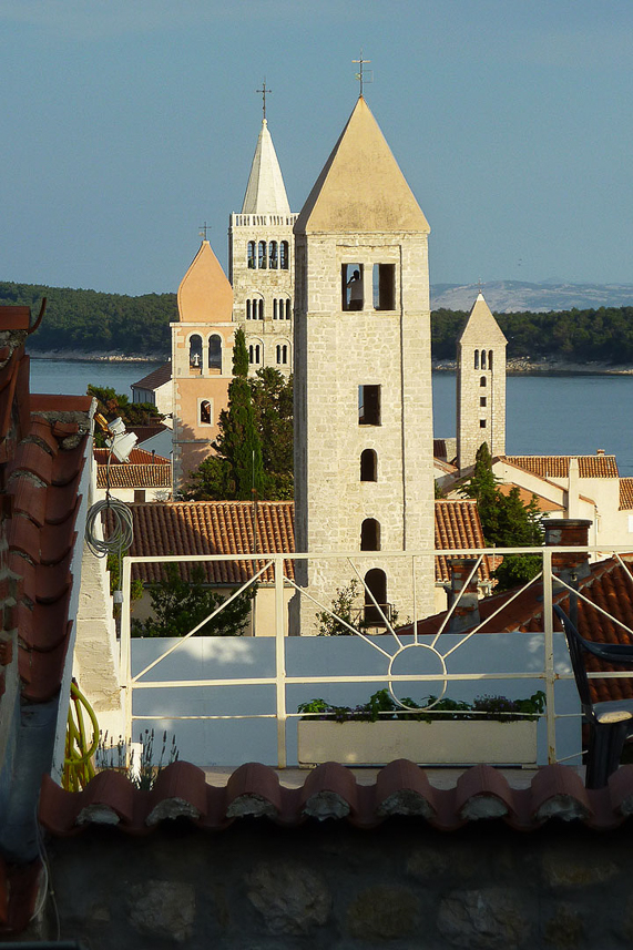 The four bell towers in Rab old town.