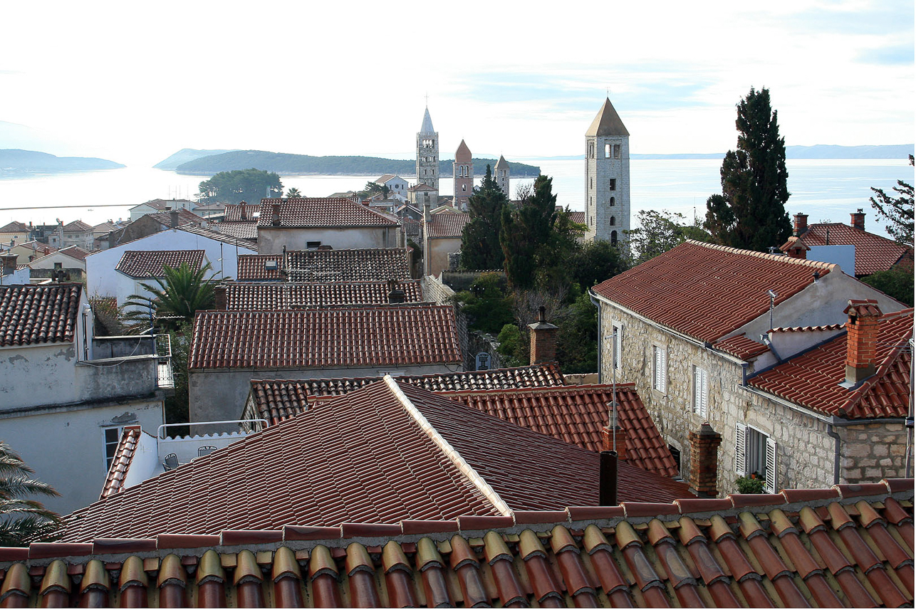 View over Rab old city, with the four bell towers.