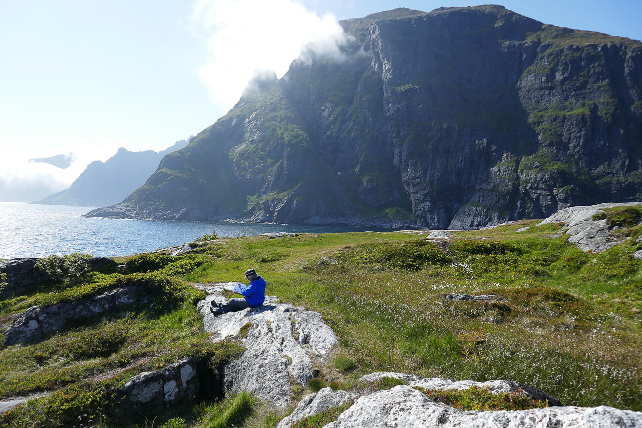 Geological area with stripes of white quartz at Å, the tip of Lofoten