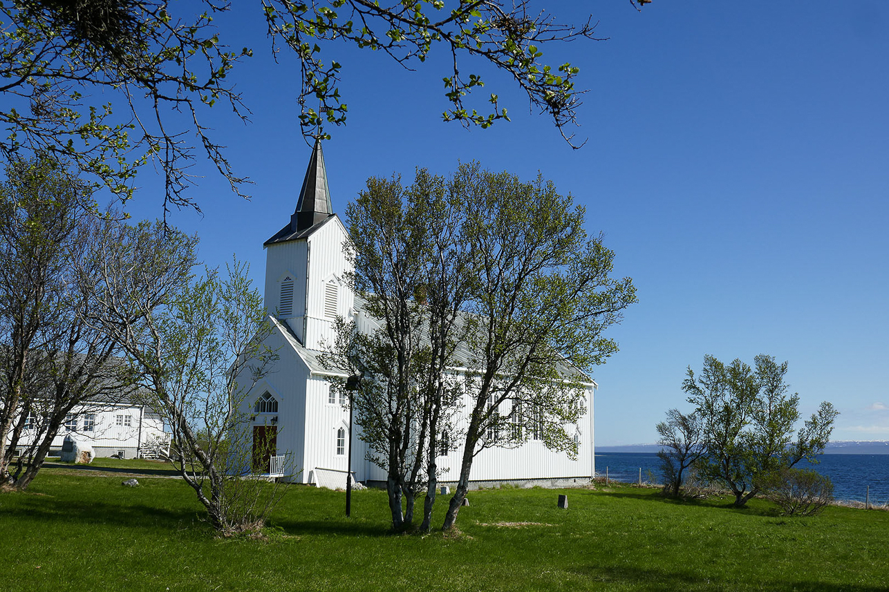 The church in Kistrand, from 1856, at the Porsanger fjord. The church survived the retreat of the German forces at the end of World War II.